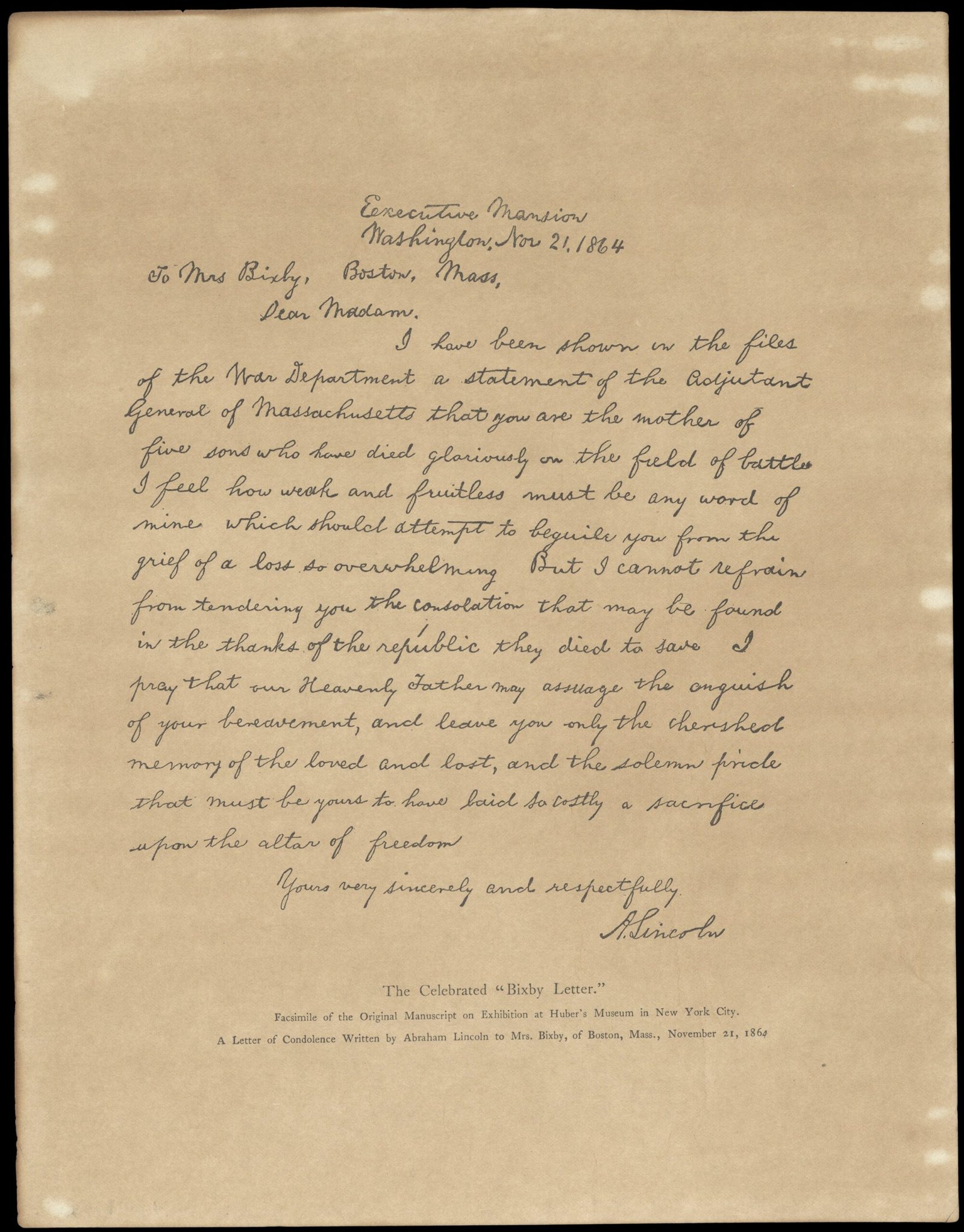 Abraham Lincoln’s Letter to Mrs. Bixby (1864) (image credits: wikimedia)