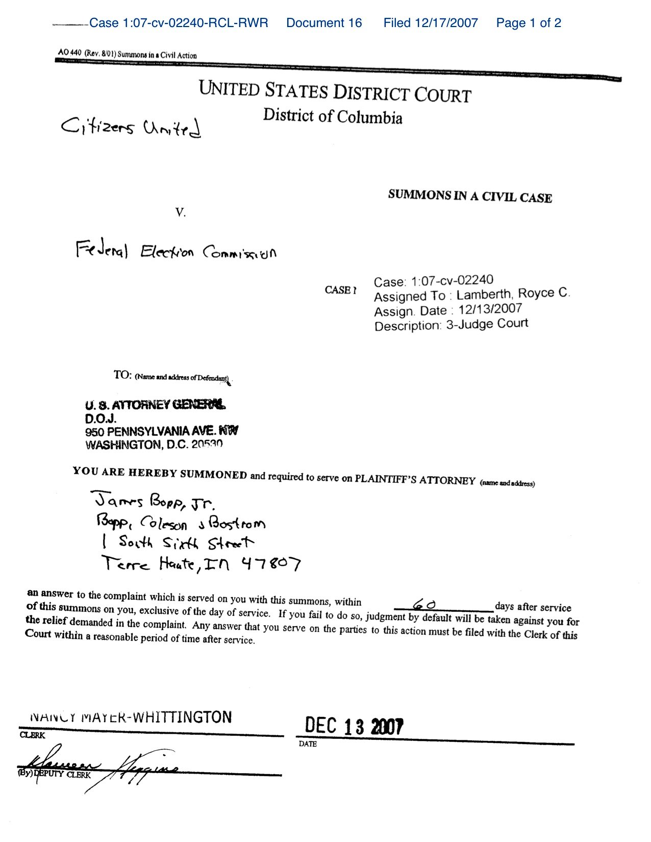 Citizens United v. FEC: Money and Free Speech (image credits: U.S. District Federal Court for the District of Columbia, Public domain, https://commons.wikimedia.org/w/index.php?curid=94377494)