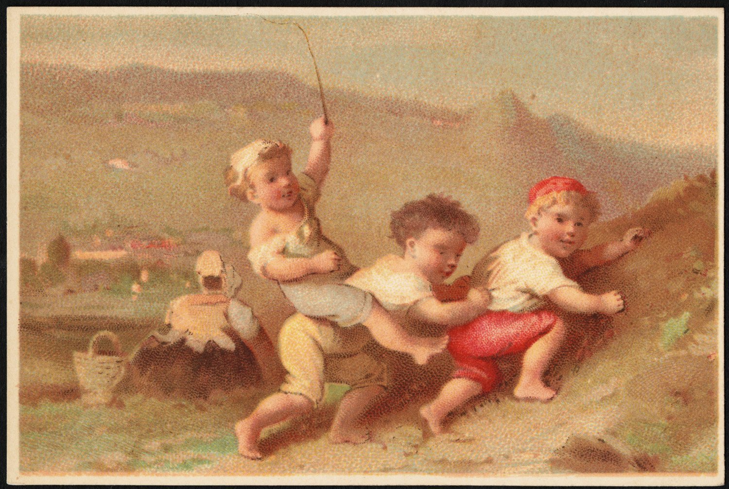 Jack and Jill (Three children - two climbing a hill, one riding on the back of one of the children. [front], CC BY 2.0)