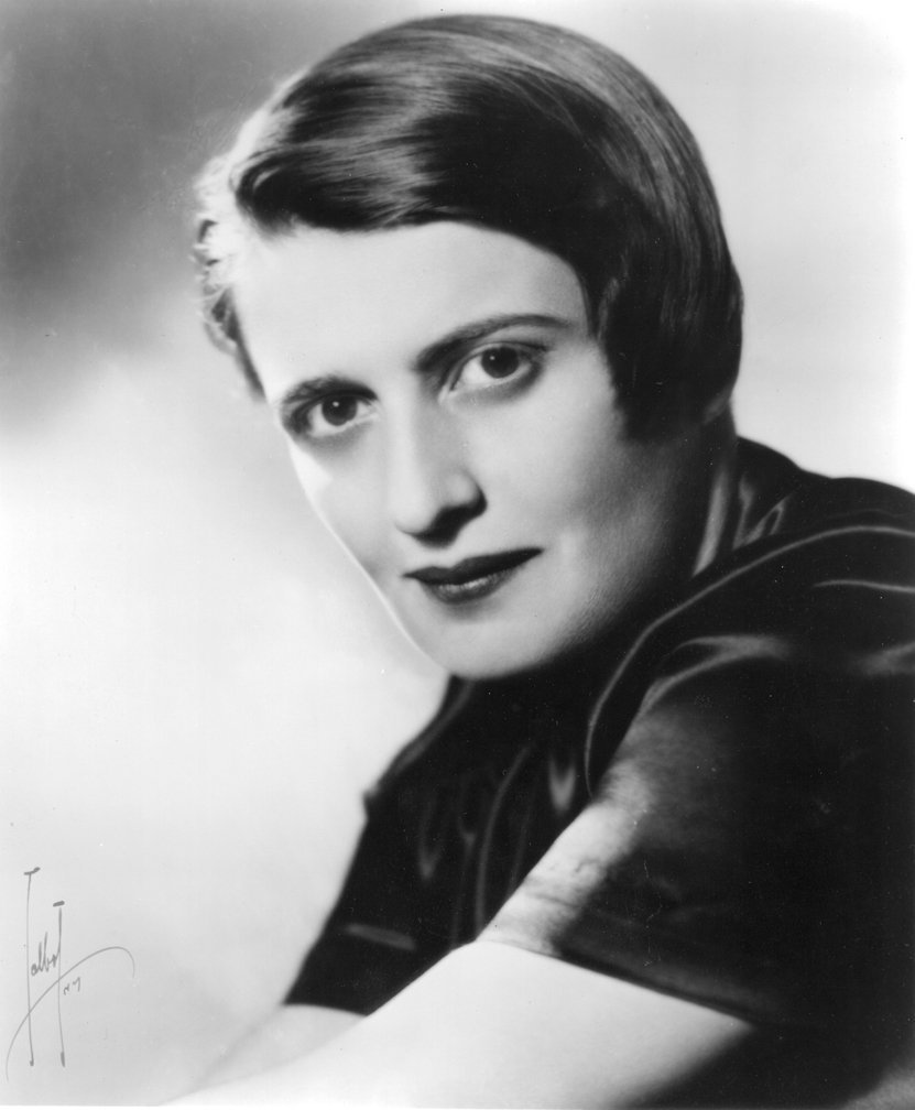 Ayn Rand (Scan via rohrbachlibrary.wordpress.com (direct link to jpg). The portrait as originally published on the dust jacket of The Fountainhead can be seen at this listing on Worthpoint., Public domain)